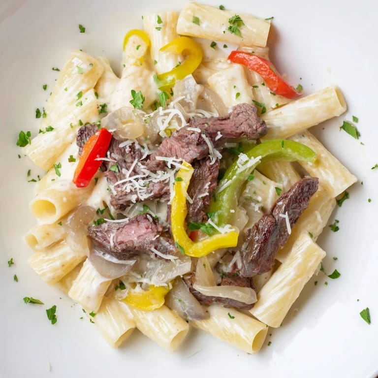 A close-up of delicious Philly Cheese Steak Pasta, perfect for a comforting and satisfying dinner.