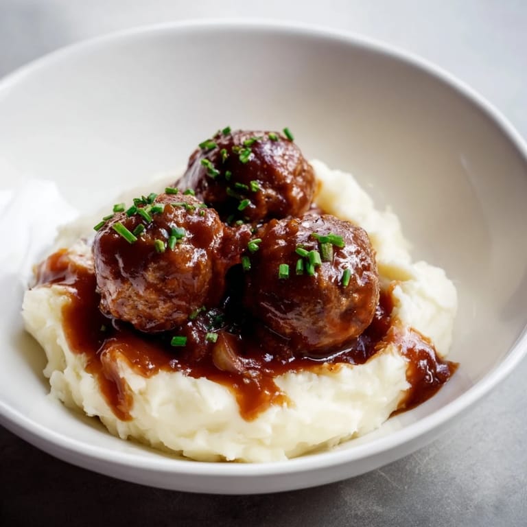 A close-up of steaming BBQ Meatballs & Mashed Potatoes, a perfect comfort food dinner for everyone.