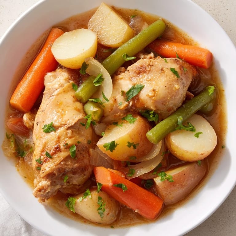 A vibrant photo of a hearty slow-cooker chicken & vegetable stew with tender vegetables and juicy chicken pieces.