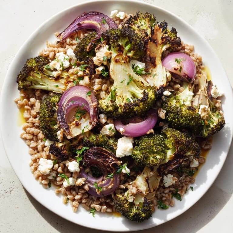 Sizzling warm roasted broccoli sits atop a nutty farro base, drizzled with lemon-herb dressing.