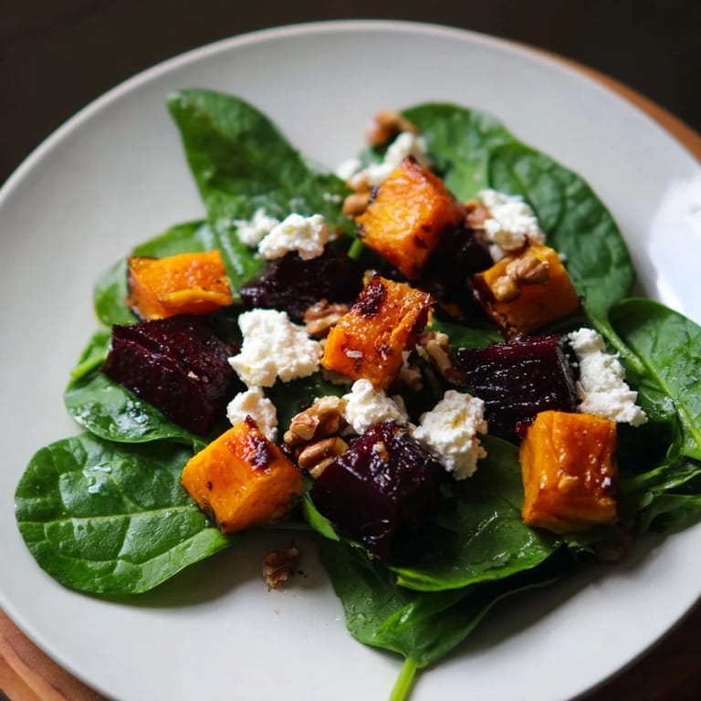 Beautifully plated roasted beet, butternut & spinach salad featuring creamy goat cheese and walnuts, delicious!