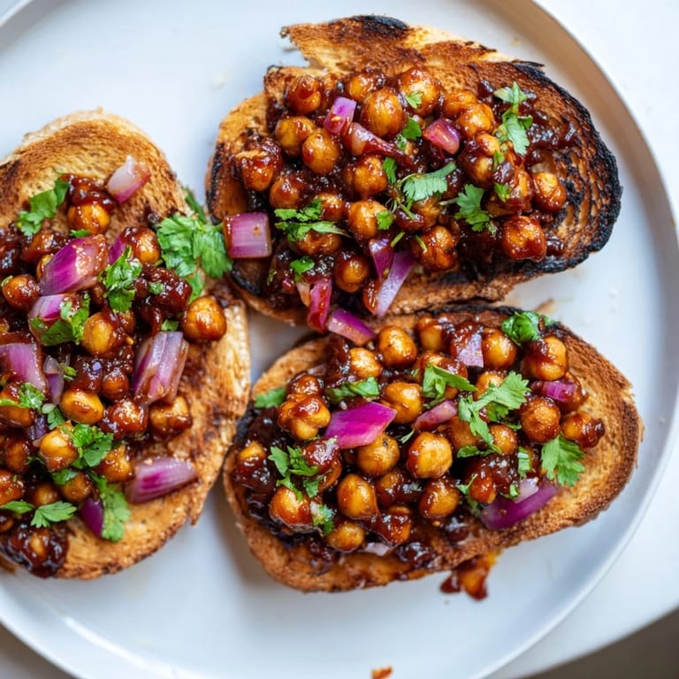 Close-up of a plate with BBQ chickpeas on toast, garnished with fresh cilantro and avocado.