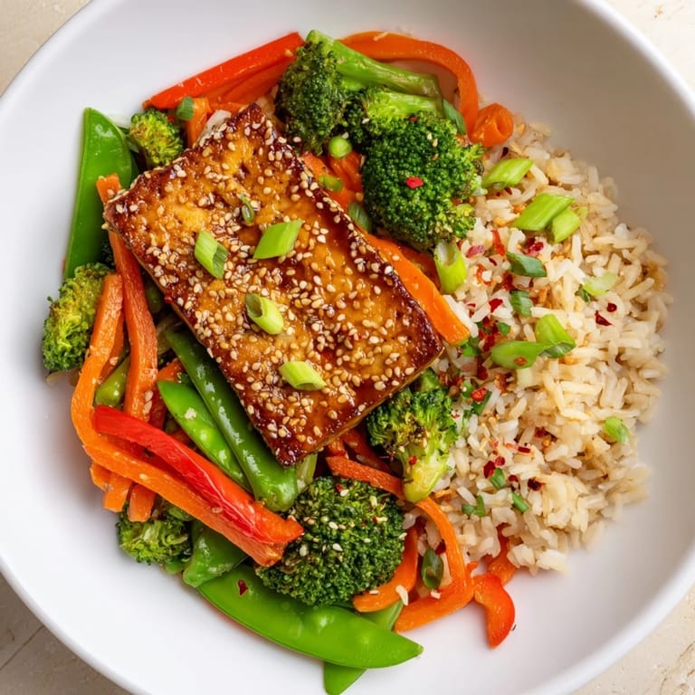 A delicious vegan meal of pan-seared tofu steaks and colorful stir-fried vegetables and rice.