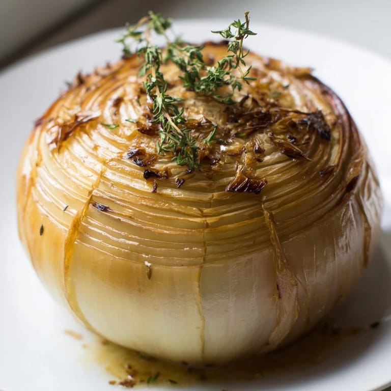 Steaming plate with onion boil features juicy roasted Vidalia onions, creating a satisfying, flavorful side dish.