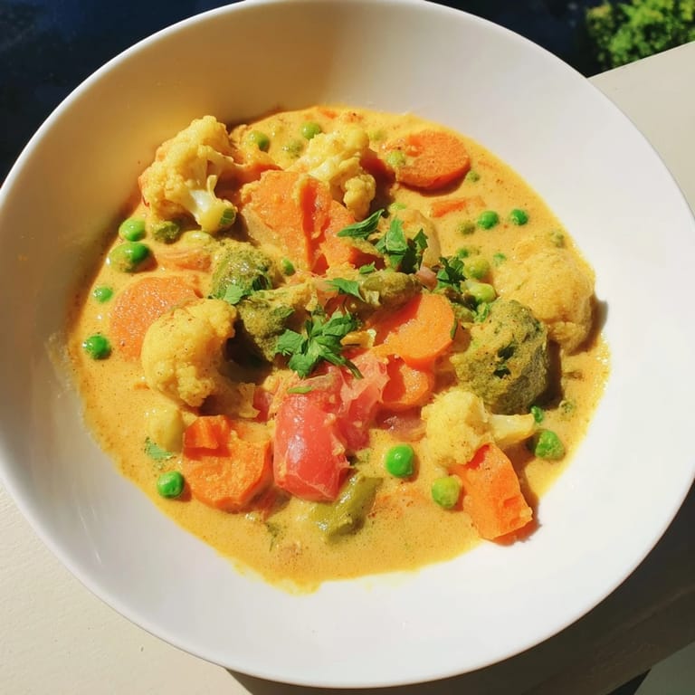 Enjoy vibrant, tender vegetables swimming in a rich, spiced veggie coconut curry, ready to serve.