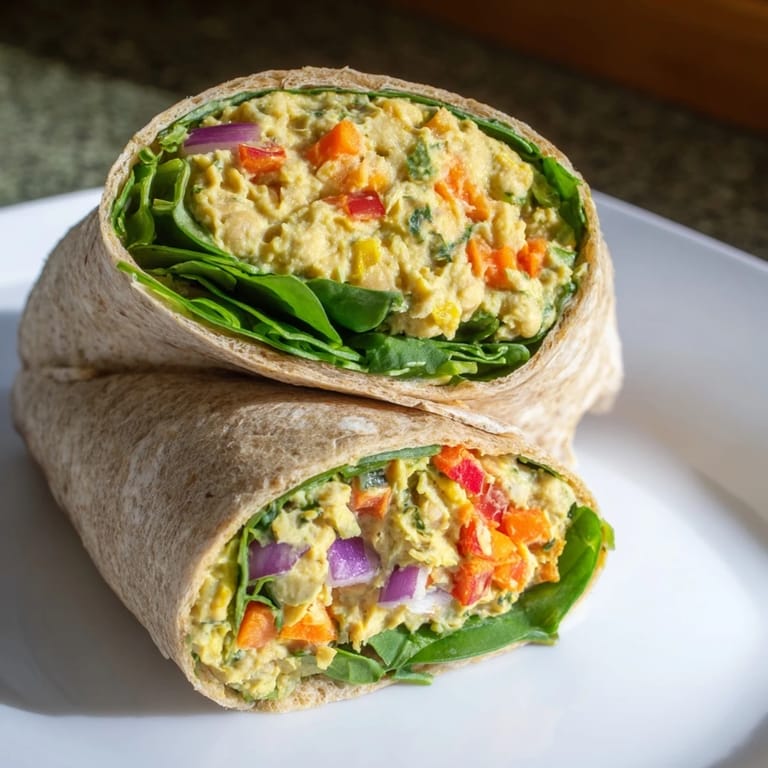 Perfect for lunch – a chickpea salad wrap, halved to reveal the creamy filling, ready to enjoy.