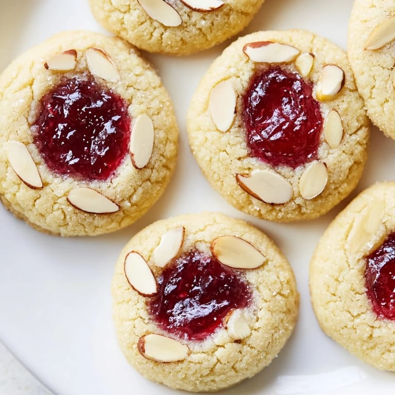 Close-up of freshly baked Cherry Almond Thumbprint Cookies with glistening cherry filling, perfect for a treat.