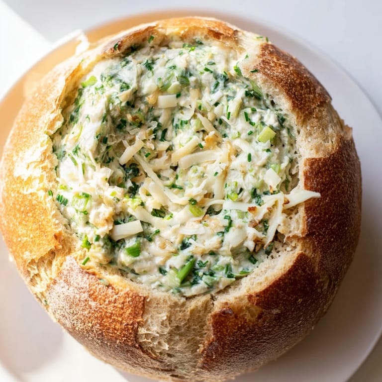 A close-up of creamy Best-Ever Spinach Dip nestled in a sourdough bread bowl, perfect party food.
