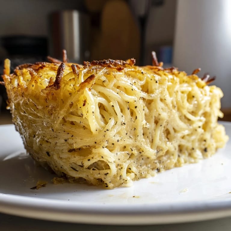 Freshly baked and sliceable Cacio e Pepe Pasta Pie, with a comforting aroma, ready to eat.