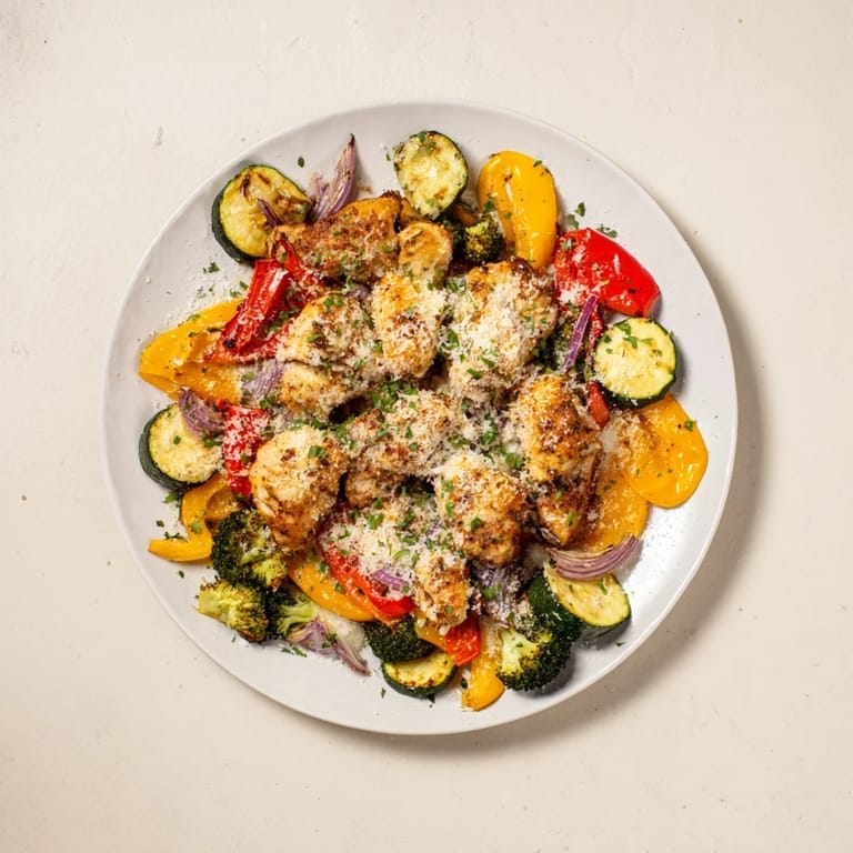 Oven-roasted Garlic Parmesan Chicken Bites, wonderfully browned, alongside colorful bell peppers, zucchini, and red onion.