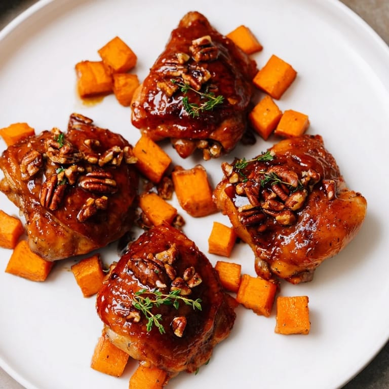 Juicy maple glazed chicken, glistening and bronzed, baked with caramelized sweet potatoes in a single pan.