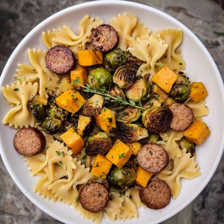 A close-up view of Autumn Sausage Pasta Squash, with vibrant orange squash and hearty sausage visible.