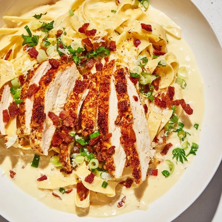 This creamy Southern Style Parmesan Chicken Pasta shows perfectly cooked pasta, coated in a luscious, cheesy sauce, garnished.