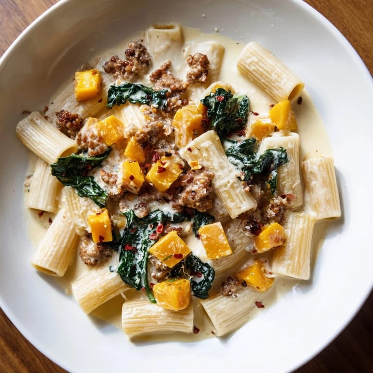 The rich, creamy sauce coats al dente rigatoni, mixed with butternut squash and spicy sausage.