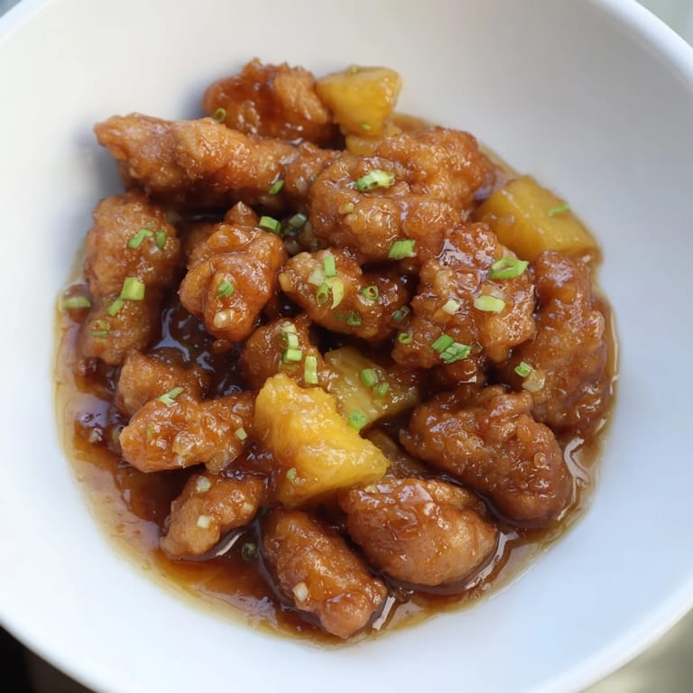 A close-up of baked Brown Sugar Pineapple Chicken, showcasing the glossy sauce and pineapple pieces.
