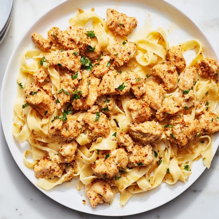 A comforting serving of Cowboy Butter Chicken Pasta offers tender chicken covered in a creamy sauce and perfect pasta.