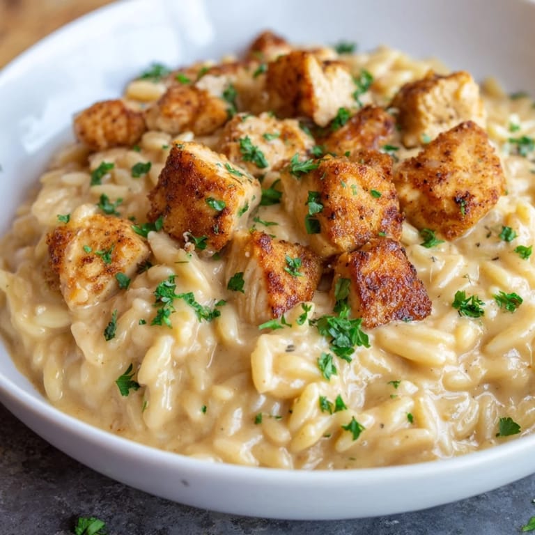 Sizzling skillet of One-Pot Cajun Chicken Alfredo Orzo, finished with fresh parsley for a comforting meal.