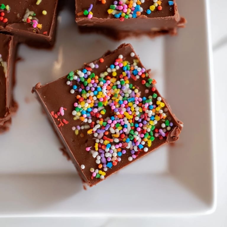 Melting chocolate and sprinkles adorn these easy 3-Ingredient Christmas Fudge Squares—a delightful homemade treat.