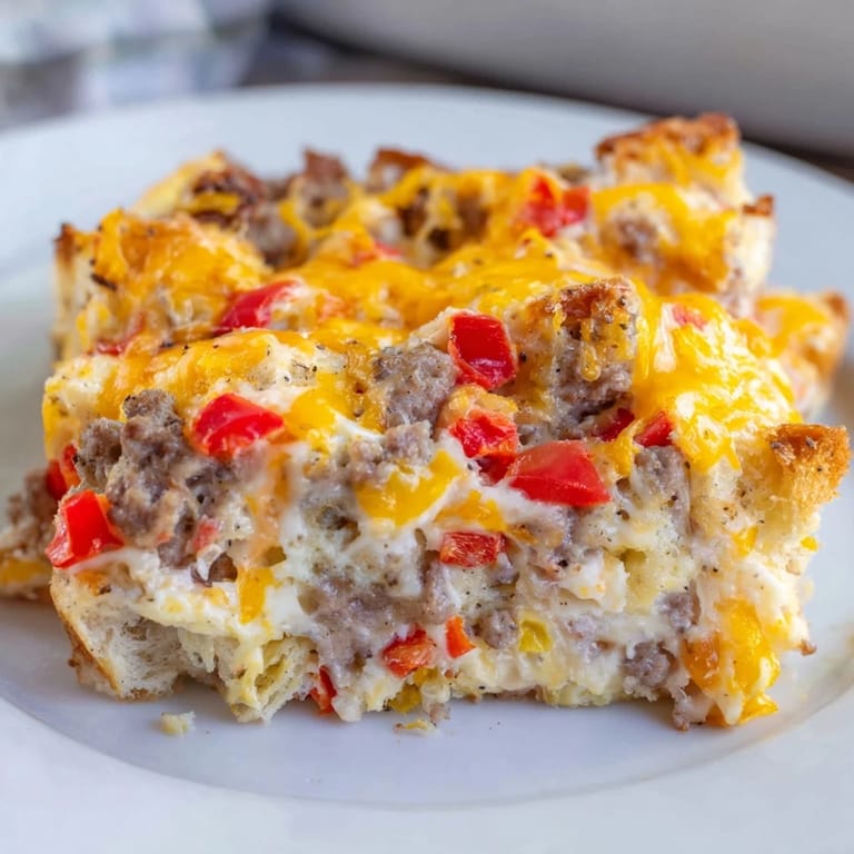 This hearty Lightning-Fast Breakfast Sausage Casserole is filled with sausage, colorful bell peppers, and melted cheese.