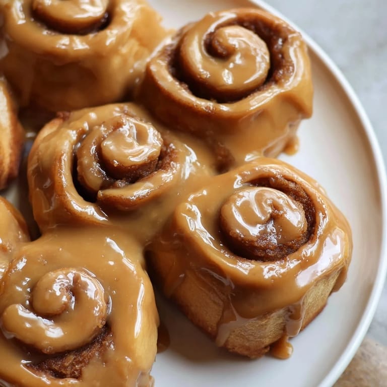 A close-up of warm, glazed Viral TikTok Heavy Cream Cinnamon Rolls with luscious cream cheese icing dripping down.