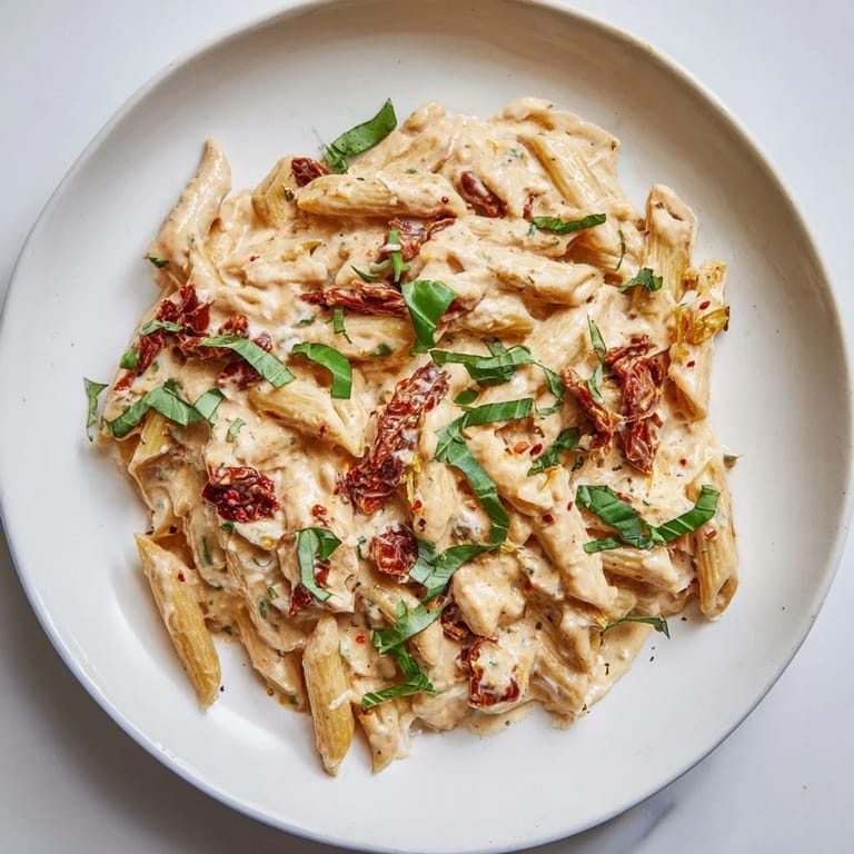 A bowl of delicious Sun-Dried Tomato & Cottage Cheese Pasta Sauce, bursting with flavor and texture.