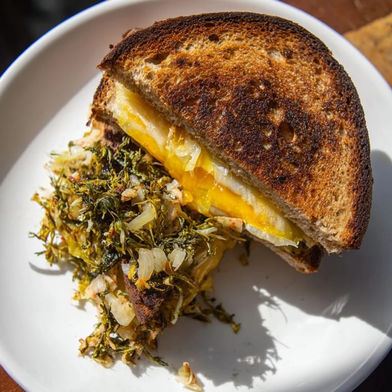 A perfectly toasted Skillet Kimchi & Cheddar Fusion Grilled Cheese, ready to be sliced, offering a flavorful bite.