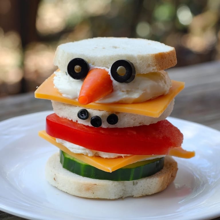 Deliciously stacked Snowman Sandwich Stack featuring fresh veggies and a creamy filling.