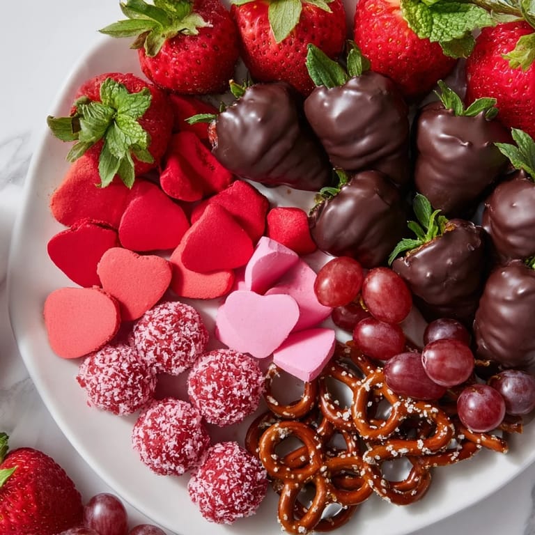 A beautiful Sweetheart Valentine's Day Board presents heart-shaped chocolates and vibrant berries with tasty dips.