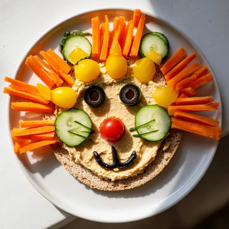 Vibrant King of the Jungle Lion Lunch Board with a smiling face, filled with fresh fruits and veggies.