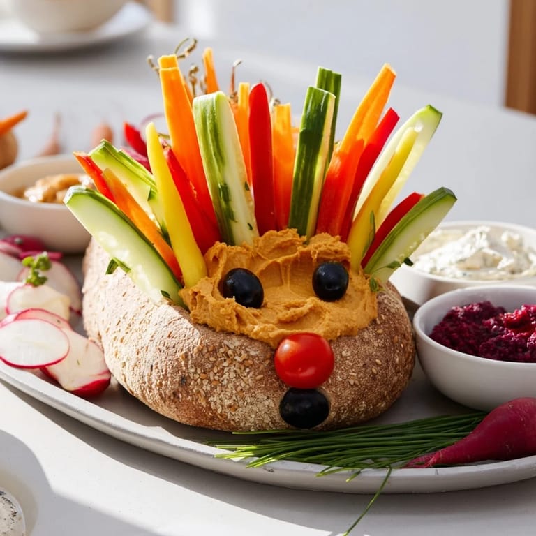 This Autumn Hedgehog Dip Platter features a charming bread base with colorful vegetables and savory dips.