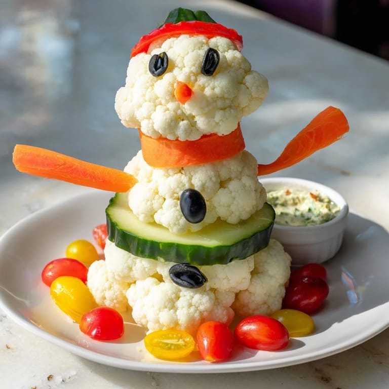 This snowman crudités with dip recipe presents an inviting, fun, and healthy holiday snack.