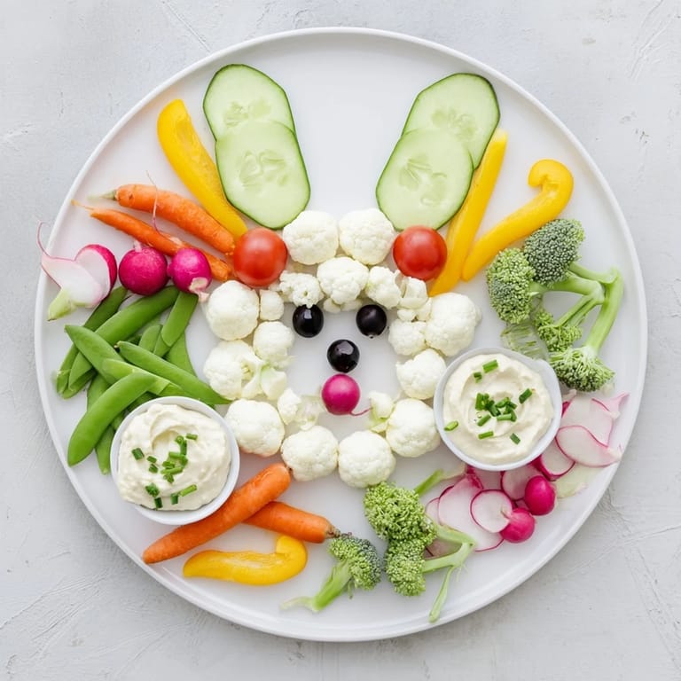 Enjoy a delicious Easter Bunny Spring Platter: a vegetarian snack with assorted, colorful vegetables for your guests.