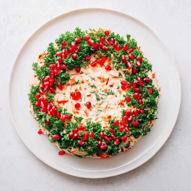 A creamy, festive red pepper and spinach dip wreath topped with parsley and pomegranate seeds.