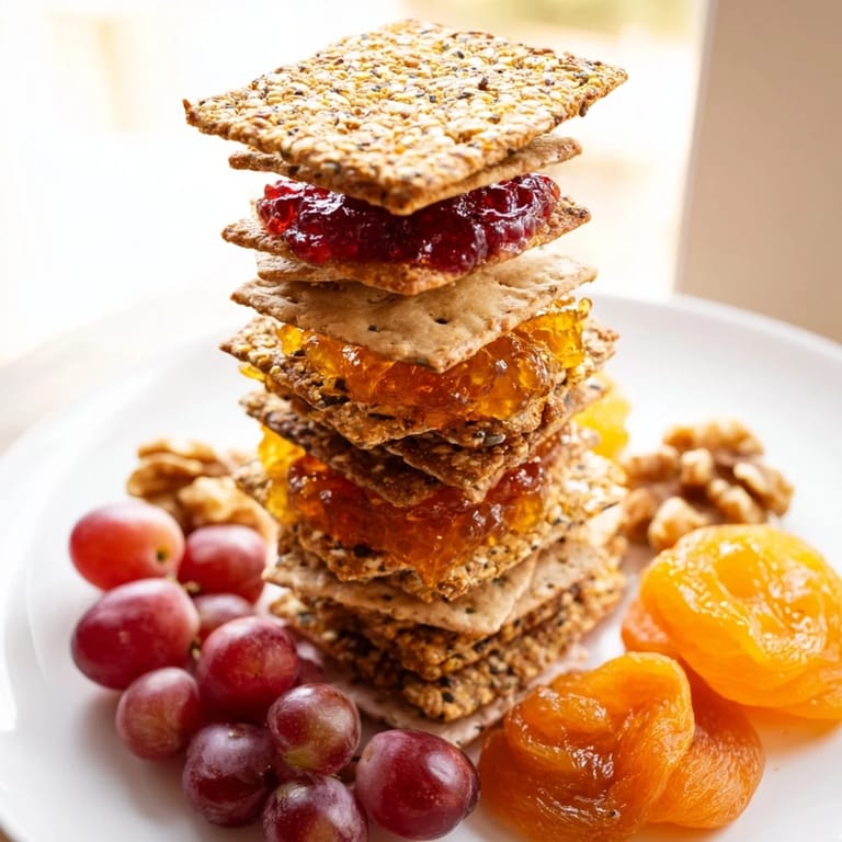 Stack of gourmet crackers arranged alongside fig jam and cheeses for easy entertaining.