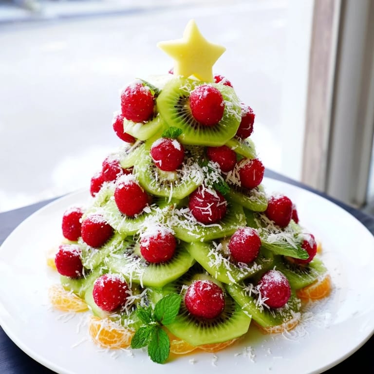 Bright green kiwi slices and ruby red raspberries create this delightful Christmas tree fruit plate.