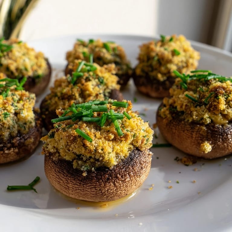 Perfectly baked stuffed mushroom caps, their cheese filling oozing, beautiful for entertaining guests.