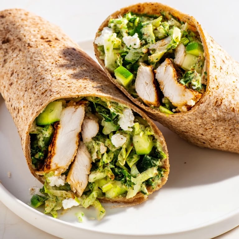 These fresh Green Goddess Chicken Wraps present juicy grilled chicken, wrapped in a healthy whole-wheat tortilla.