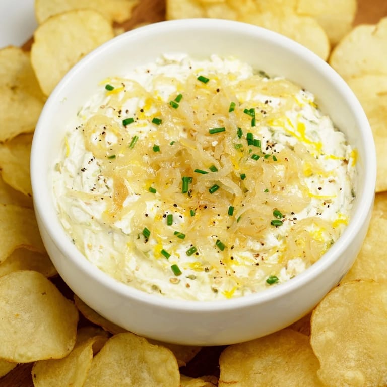 Crisp potato chips surround a bowl of onion dip, a classic snack for easy entertaining.