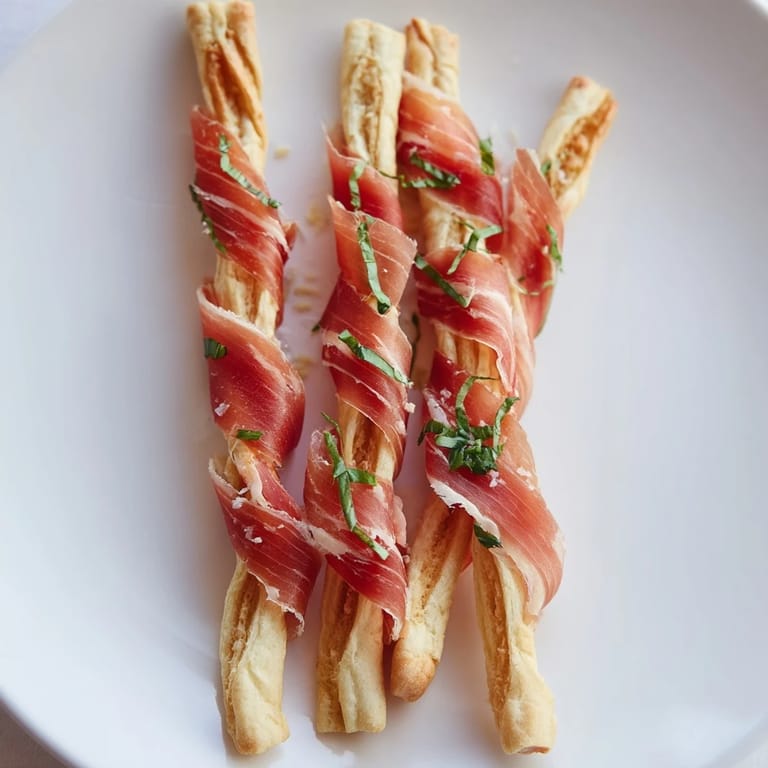 Savory Golden Gate bites feature crisp breadsticks and salty prosciutto, perfect for parties and gatherings.