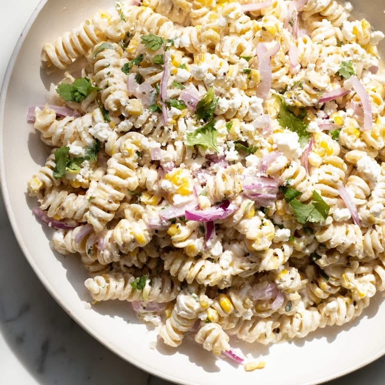 Colorful Creamy Street Corn Pasta Salad with charred corn, ready for a delicious bite.