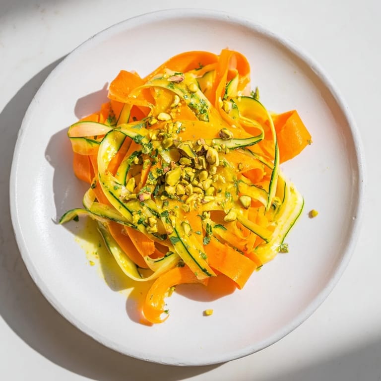 A close-up of a refreshing Citrus Carrot Ribbon Salad, perfect for summer eating.