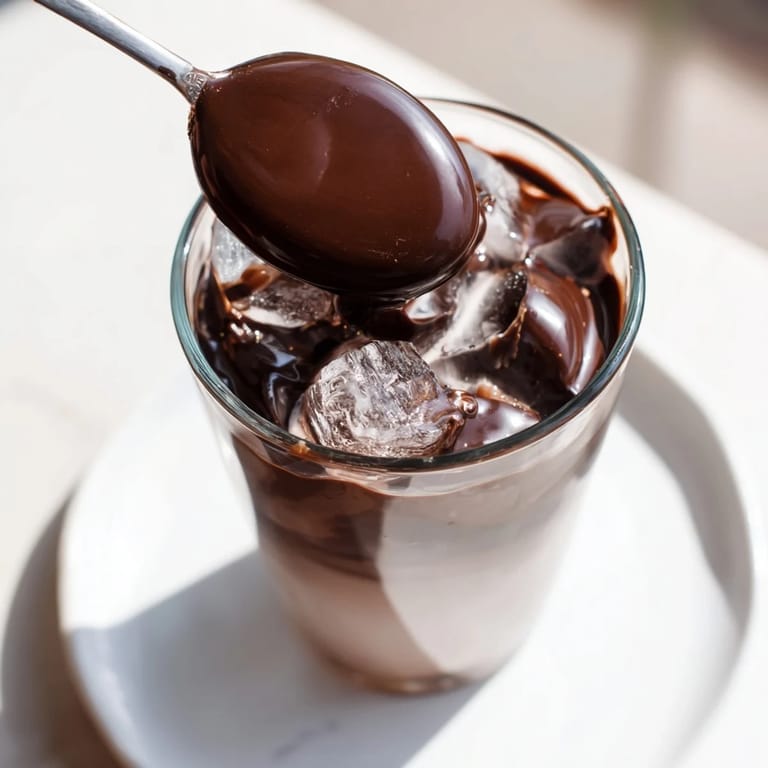 Behold this decadent Chocolate Cracking Iced Latte, a layered visual treat with espresso and milk.