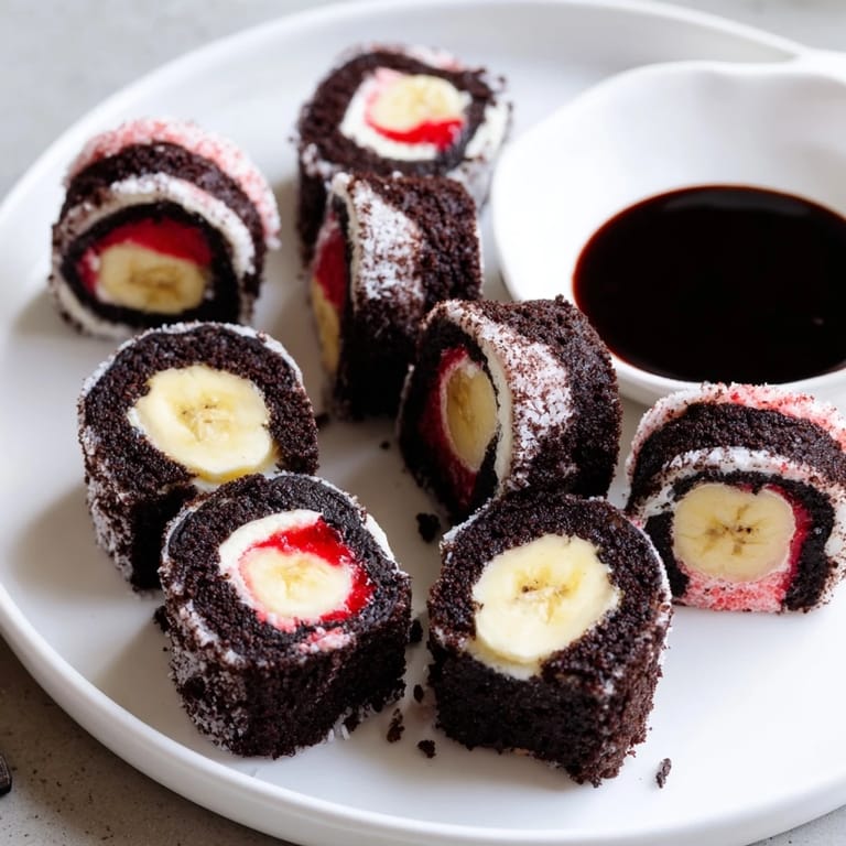Sweet Oreo Cookie Sushi Rolls, ready to eat, are artfully arranged and sprinkled.