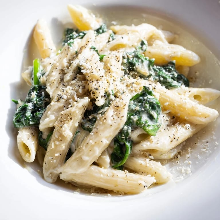 A comforting plate of creamy spinach pasta, perfect for a cozy, delicious vegetarian dinner.