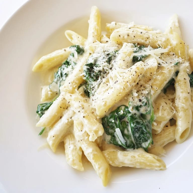 Close-up of creamy spinach pasta featuring twirled noodles in a vibrant, rich cream sauce.