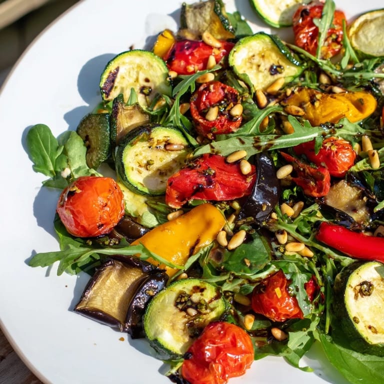 Imagine a delicious bowl of Roasted Vegetable Salad: warm vegetables tossed with greens and a tangy dressing.