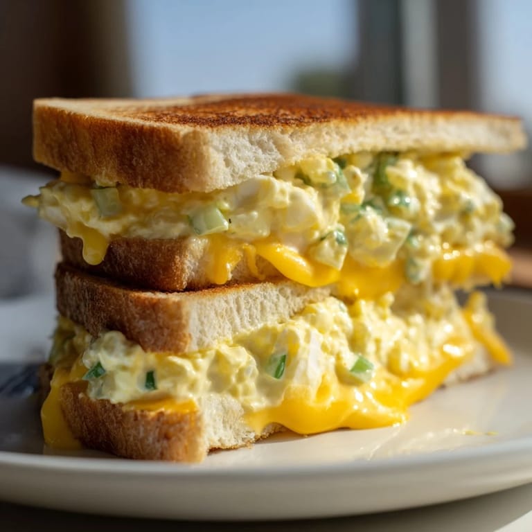 A close-up of delicious Egg Salad Grilled Cheese; golden crusty bread holds creamy savory egg salad and melted cheese.