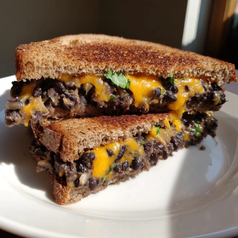 Warm, gooey inside of a flavorful Black Bean Grilled Cheese, a vegetarian comfort food classic.