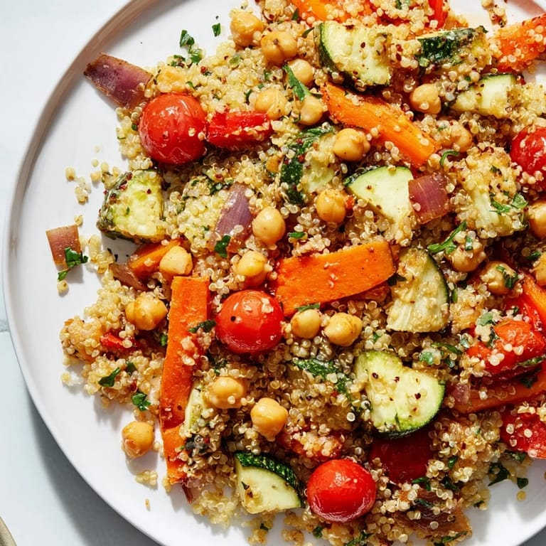 Vibrant Quinoa Power Salad: chickpeas, tomatoes, and parsley with a creamy tahini-lemon dressing.