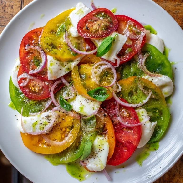 This Summer Tomato Salad is a refreshing medley of flavors, with vibrant tomatoes and basil oil drizzled over the salad.